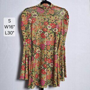 Sugar Thrillz Mesh Mini Dress Small Retro Floral 70s Bell Sleeve Mock Neck Dolls